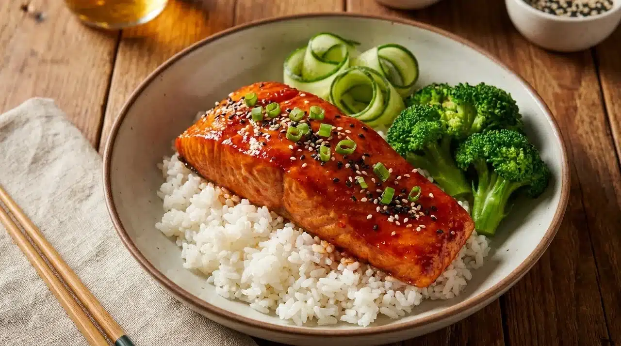 glazed salmon fillet over white rice with broccoli, cucumber ribbons, sesame seeds, and green onions
