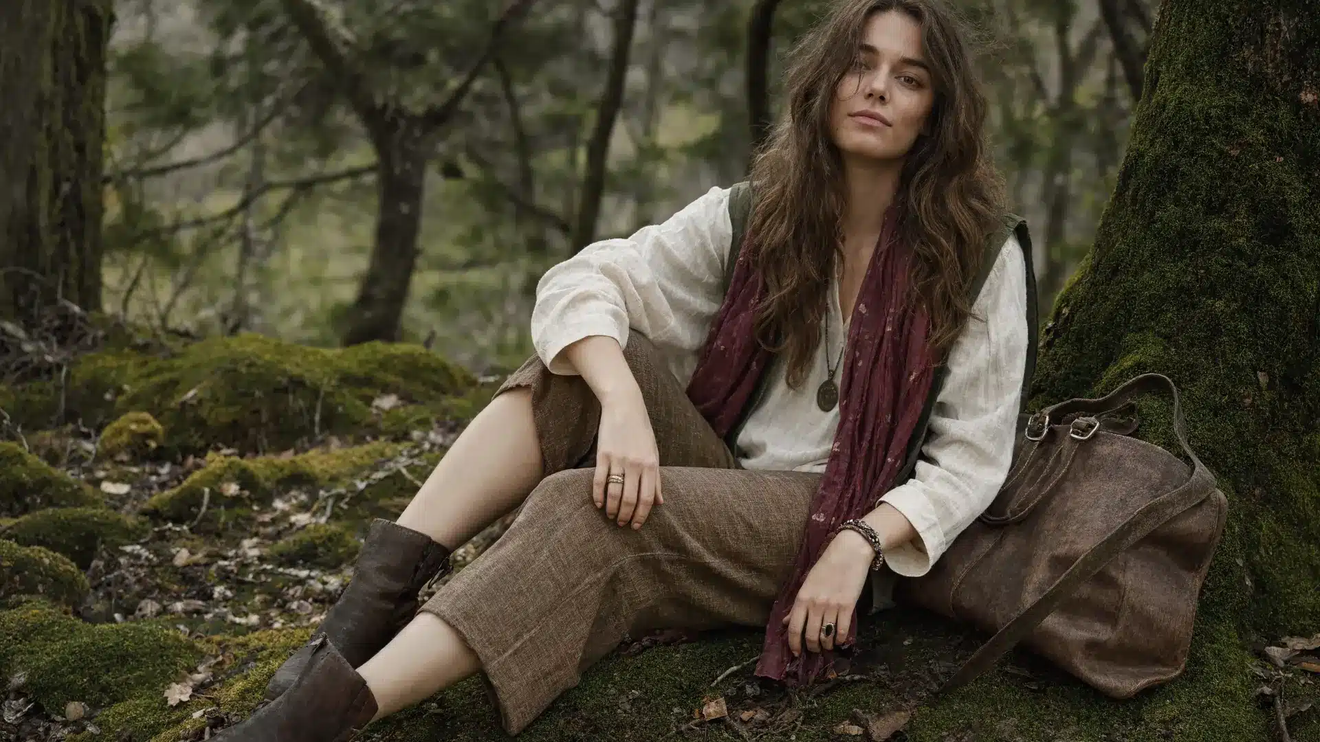 goblincore fashion photo with earthy outfit, mushroom jewelry, rustic textures, and forest floor setting
