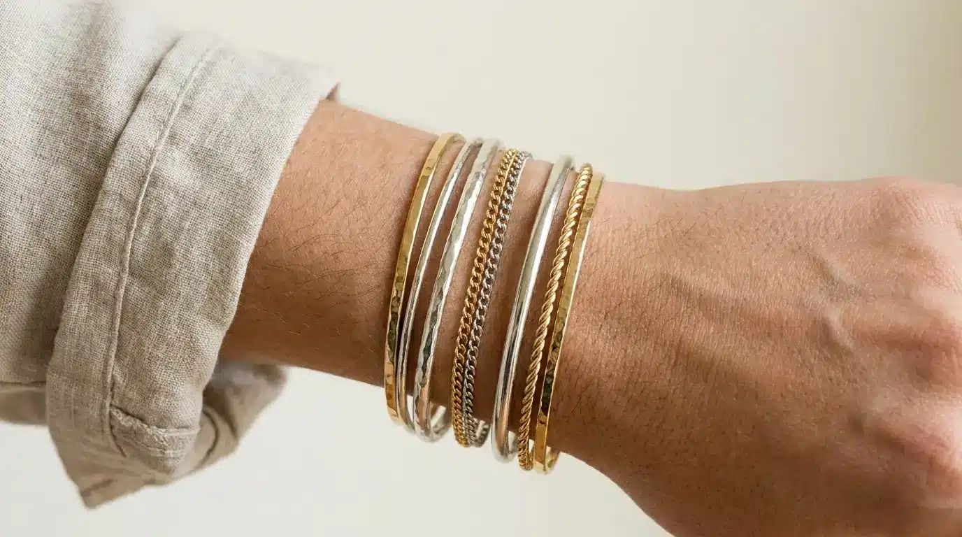 gold and silver bracelets and bangles stacked neatly on a wrist in soft natural light