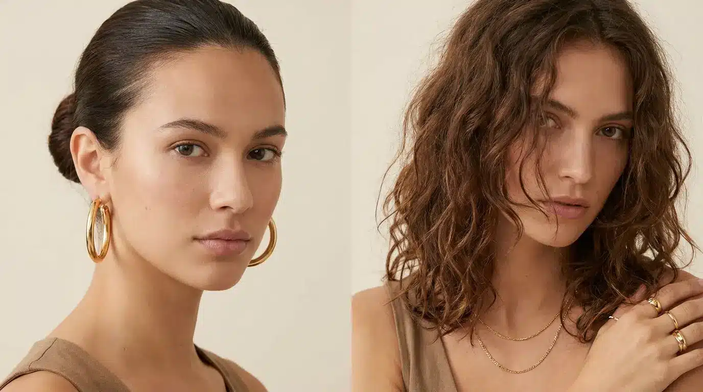 gold hoops and necklace shown with tied back hair and loose waves in natural light