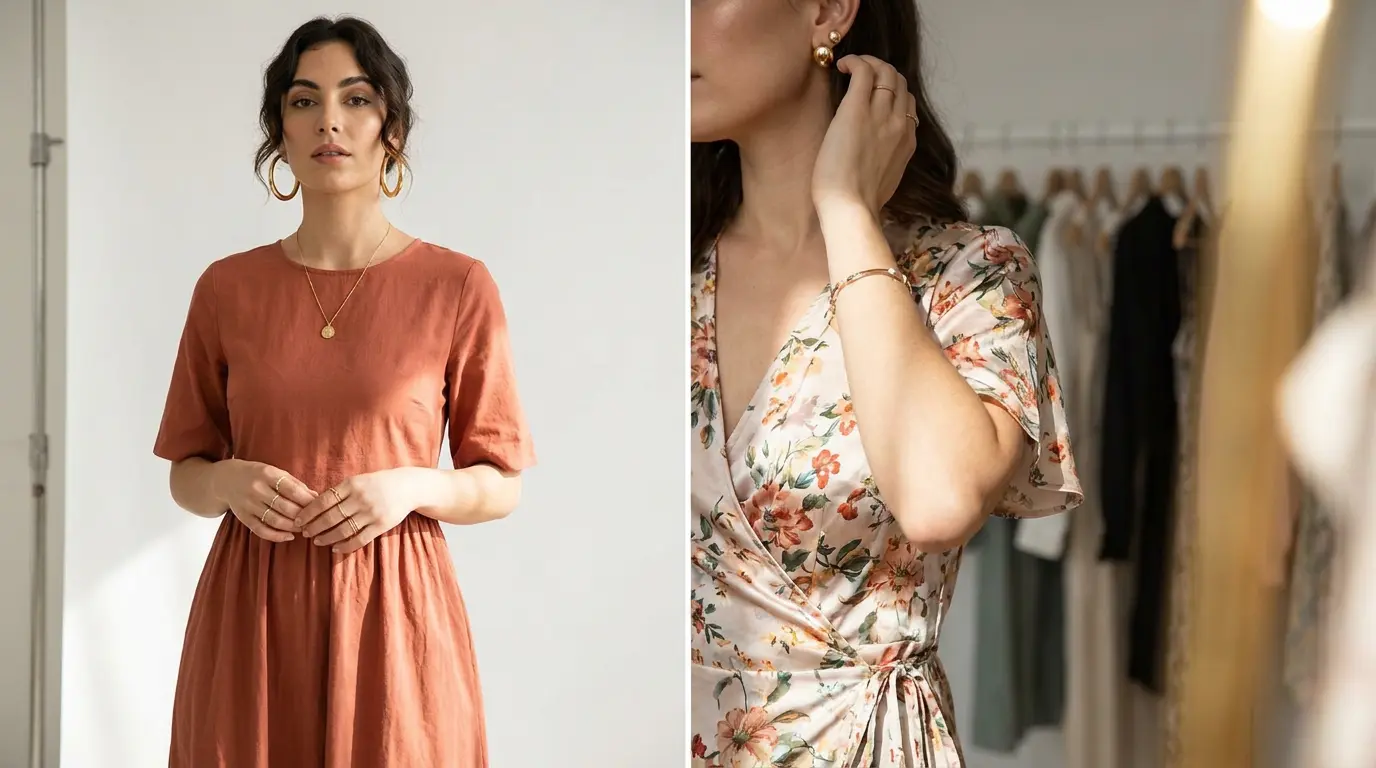 gold pendant hoops and rings styled with a midi dress and simple wrap dress in daylight