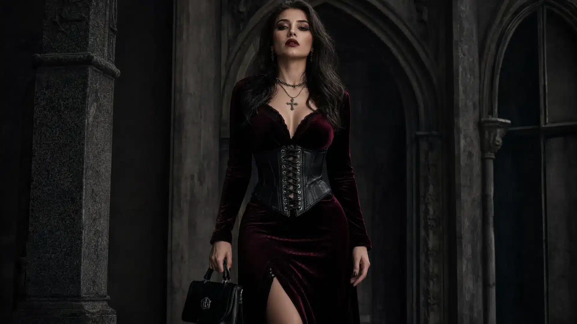gothcore fashion photo of American woman in velvet dress, silver jewelry, and gothic architecture backdrop