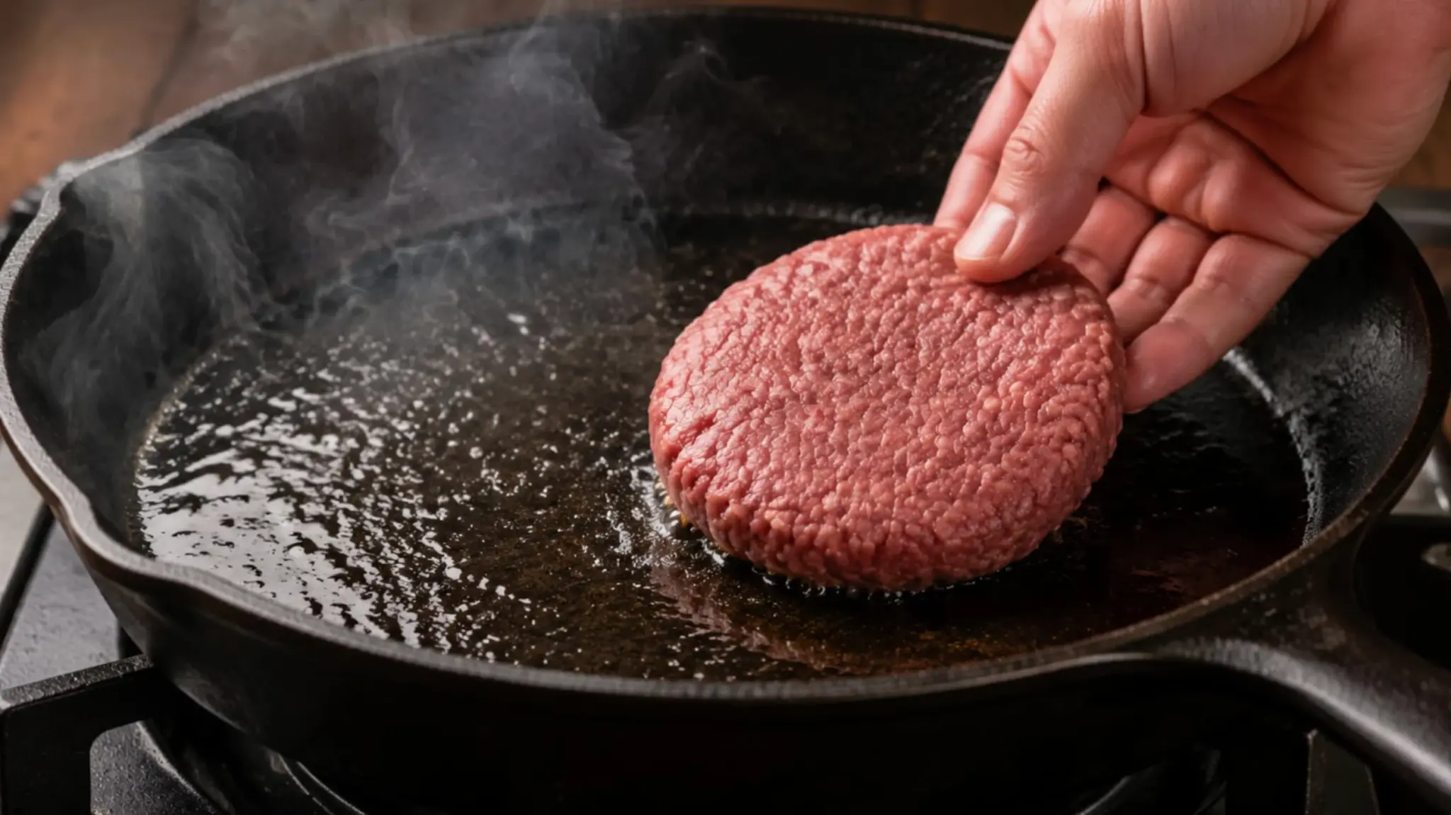 hand placing raw burger patty into a hot cast iron skillet with oil and steam on the stovetop for cooking