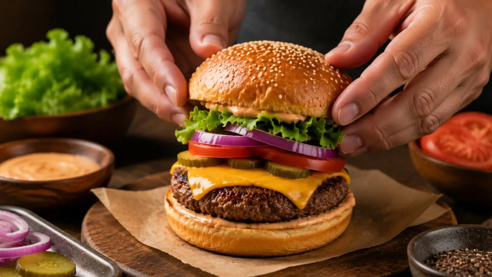 hands assembling a fresh beef burger with melted cheese lettuce tomato pickles and creamy sauce on toasted bun wooden table close up food styling