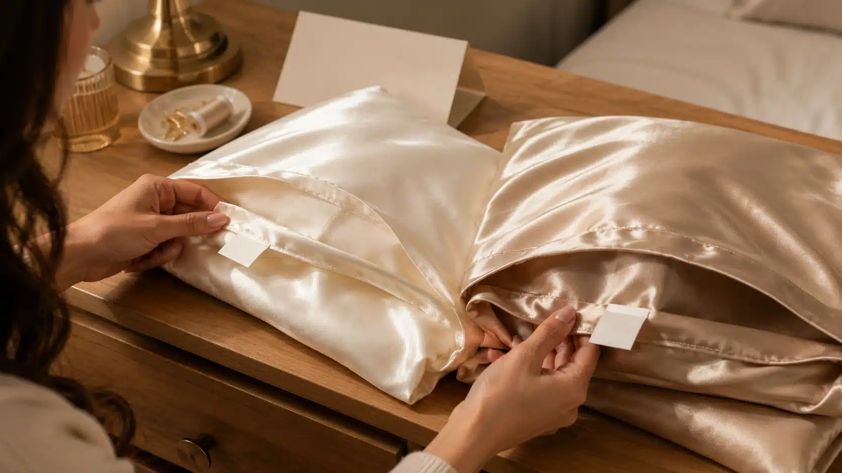 hands checking silk and satin pillowcase labels seams and fabric quality before buying