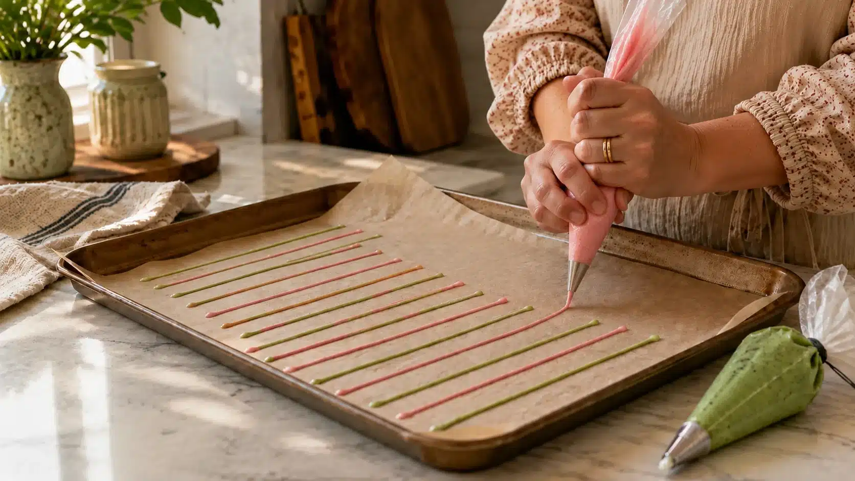 hands hold a piping bag over a tray, preparing pink and green homemade sprinkles in a cozy kitchen setting
