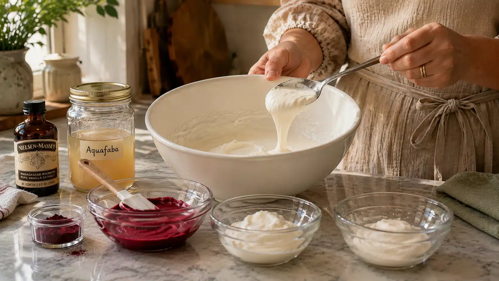 hands holding a spoon over a bowl of mixture, surrounded by jars and bowls, homemade sprinkles preparation