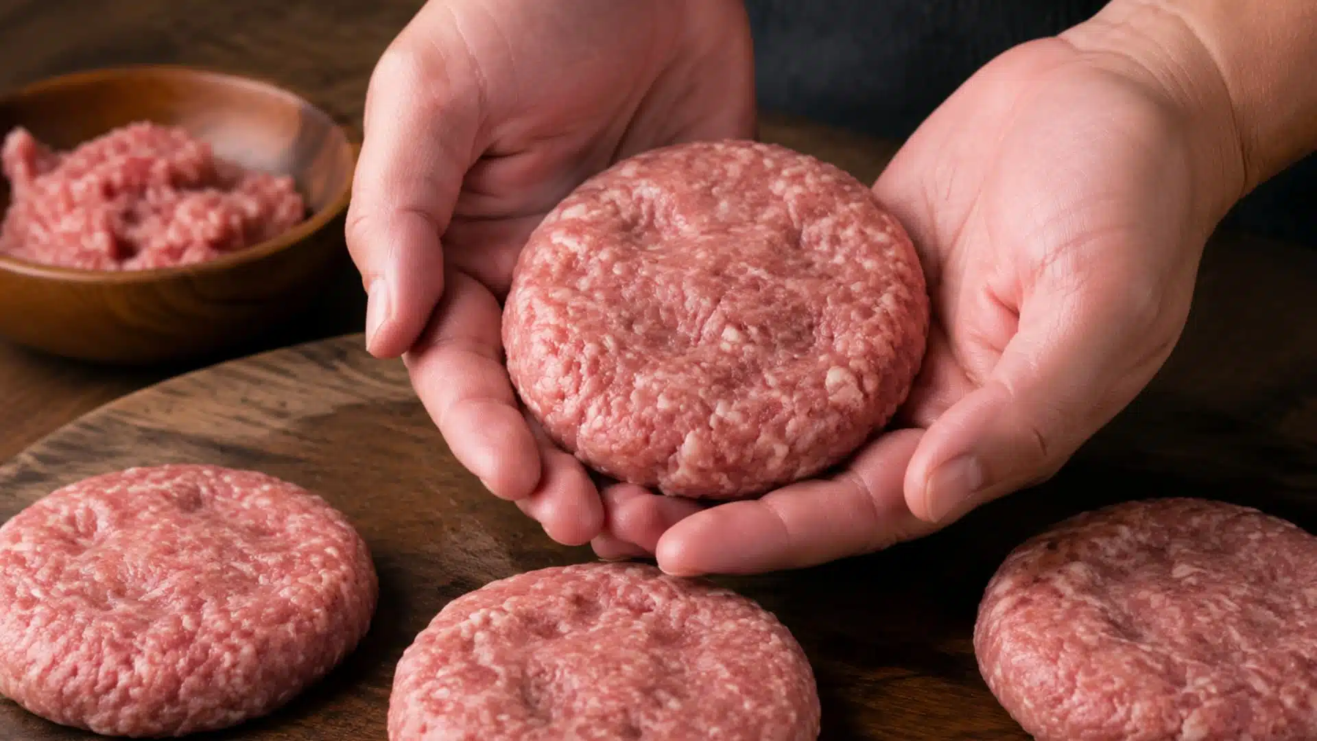 hands shaping raw ground beef patties into round discs on wooden board with fresh minced meat in bowl rustic kitchen close up food prep texture