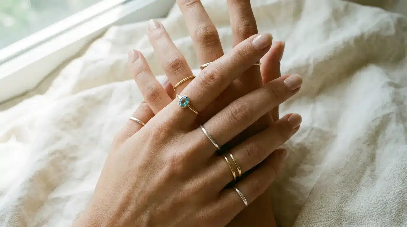hands wearing thin gold and silver rings with one simple gemstone ring in natural light