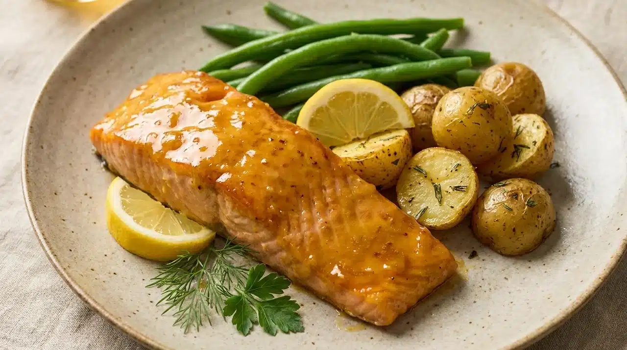 honey glazed salmon with baby potatoes, green beans, lemon wedges, and fresh herbs