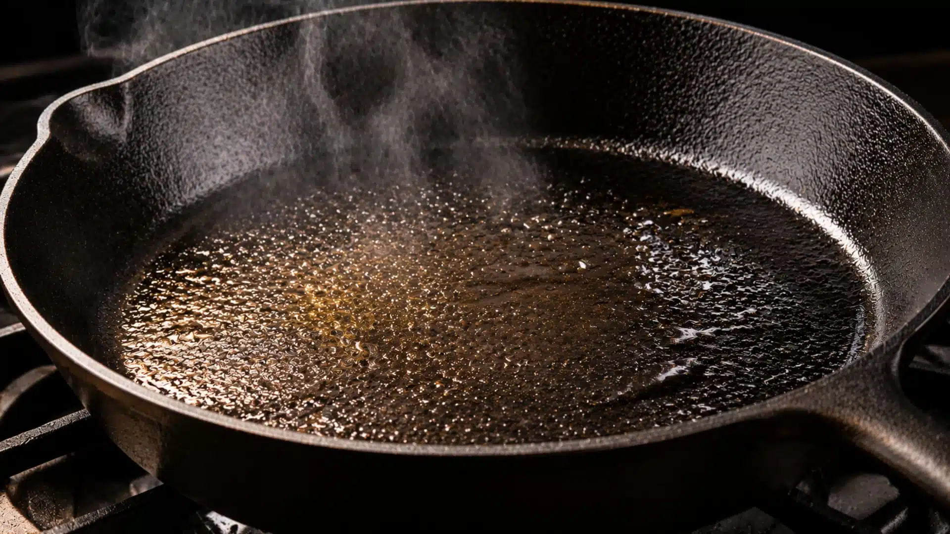 hot cast iron skillet with oil heating and steam rising from surface close up cooking shot dramatic lighting rustic kitchen scene
