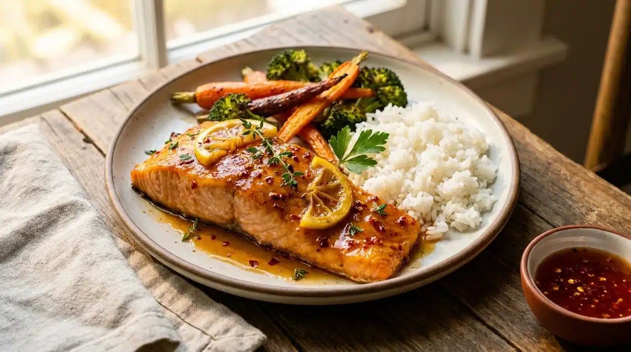 hot honey salmon with white rice, roasted carrots, broccoli, lemon slices, herbs, and chili sauce