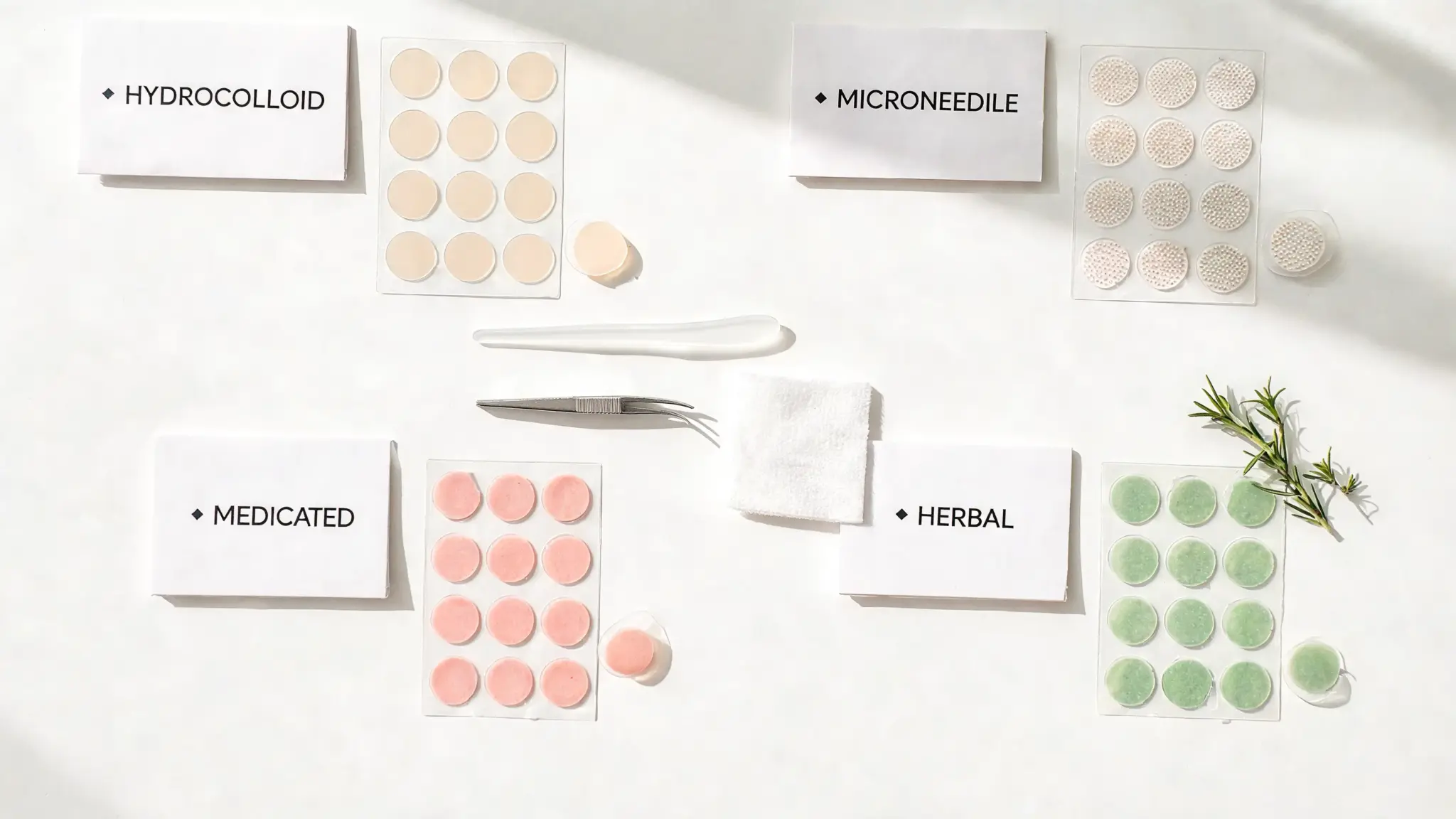 lat lay of different pimple patch types including hydrocolloid microneedle medicated and herbal patches arranged on clean surface