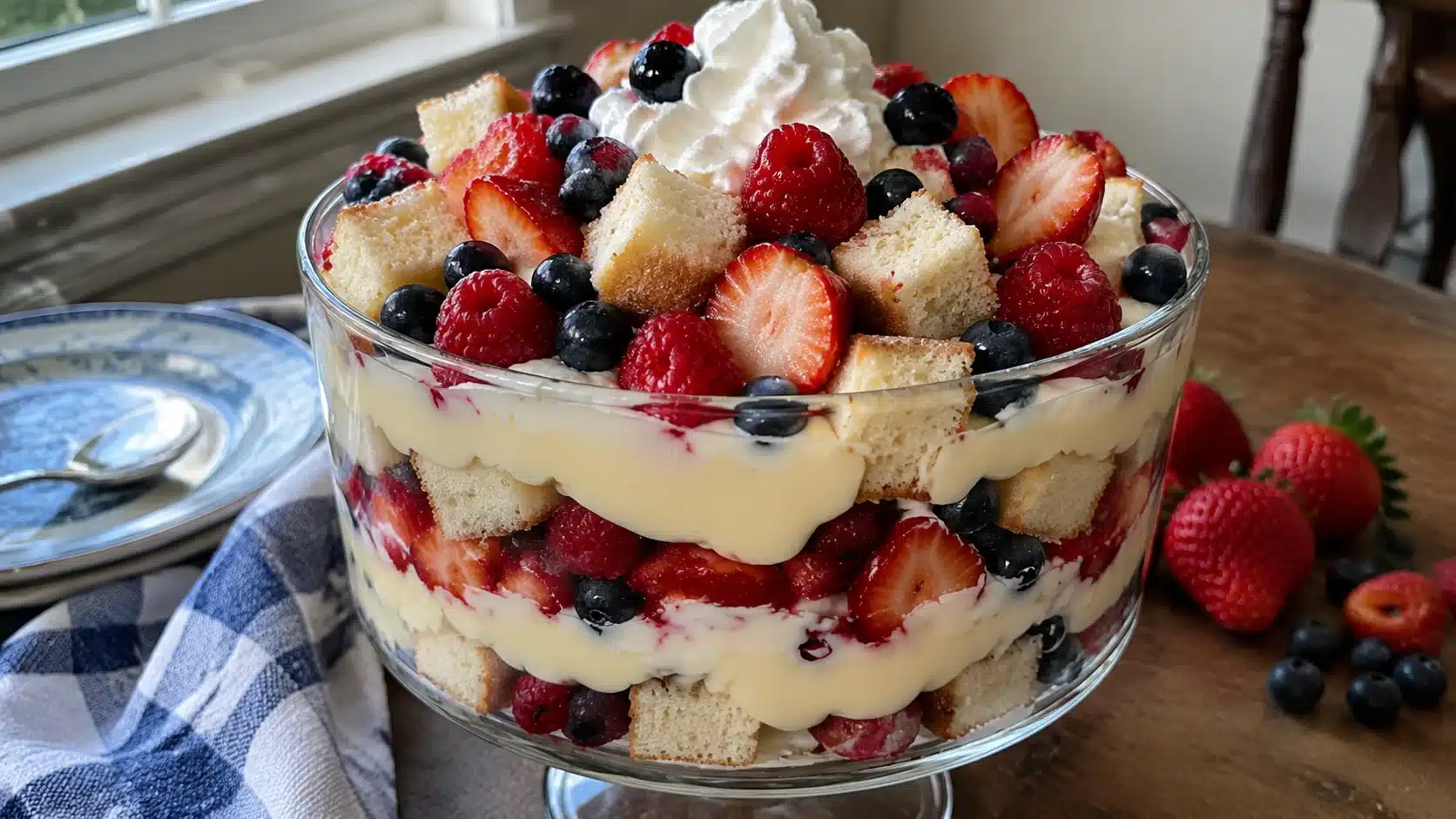 Layered berry trifle dessert in a glass bowl with sponge cake, cream, and fresh strawberries, raspberries, and blueberries
