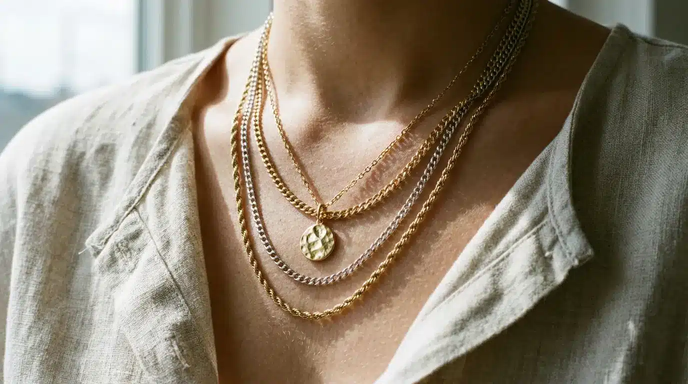 layered gold and silver necklaces at different lengths on a simple open neckline