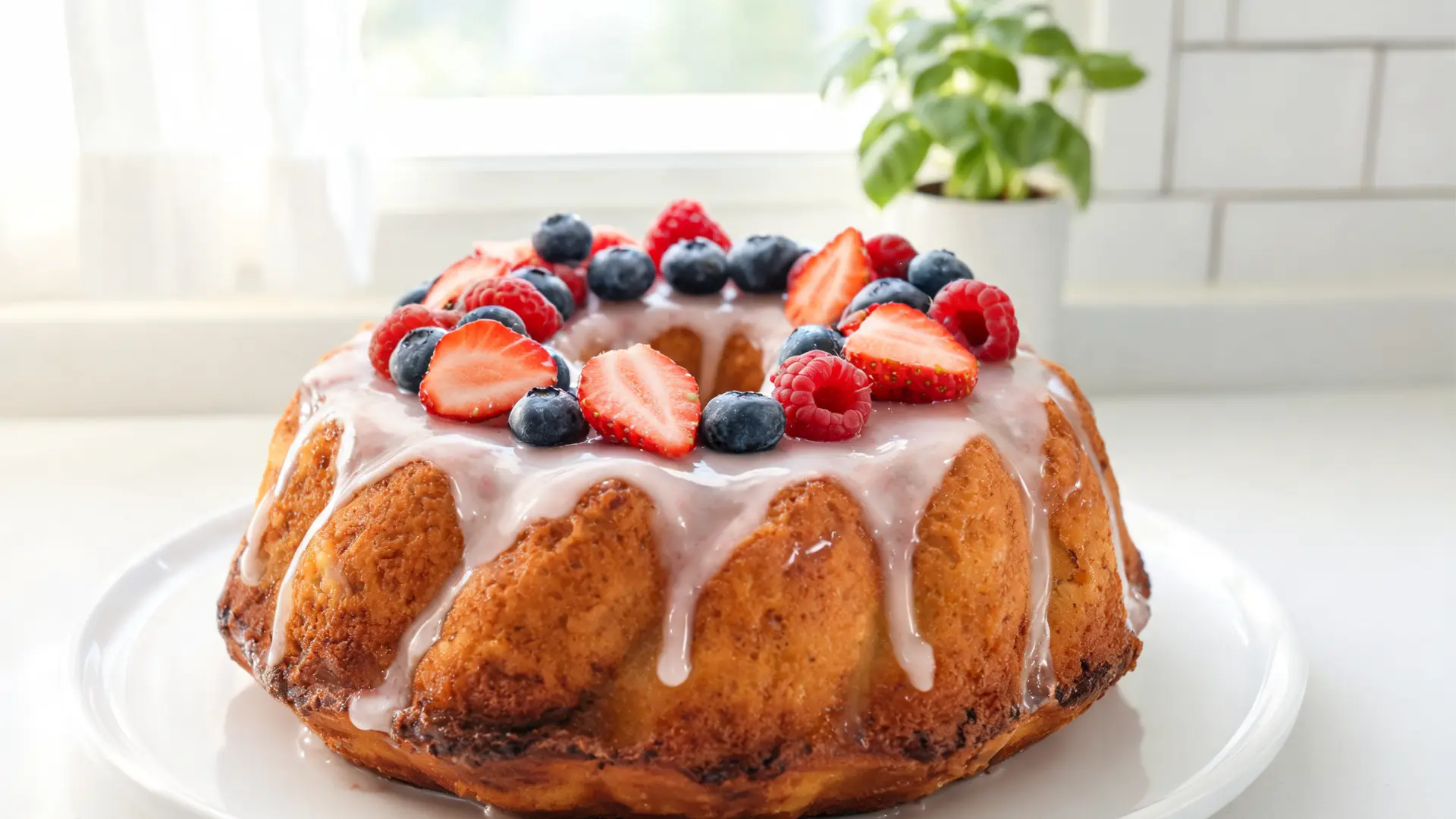 lemon berry bundt cake with glaze and fresh berries on top bright summer dessert