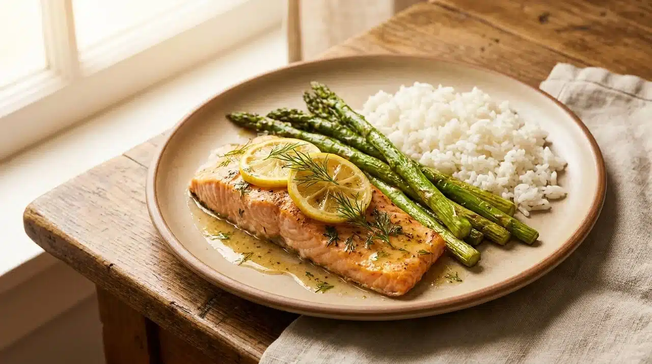 lemon garlic salmon with asparagus, white rice, lemon slices, dill, and pan sauce on a ceramic plate
