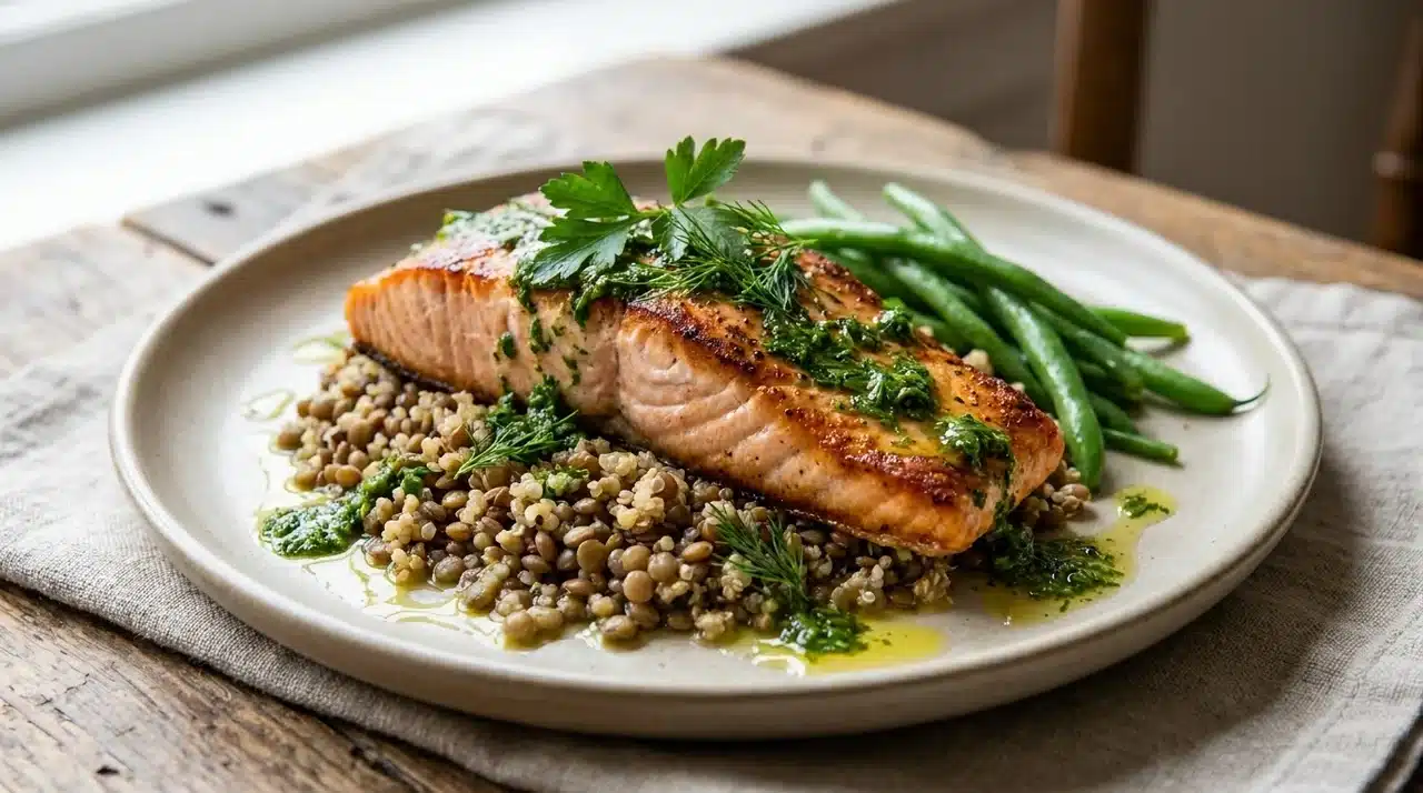 lentil salmon with herby sauce, quinoa, green beans, fresh dill, parsley, and olive oil on a ceramic plate