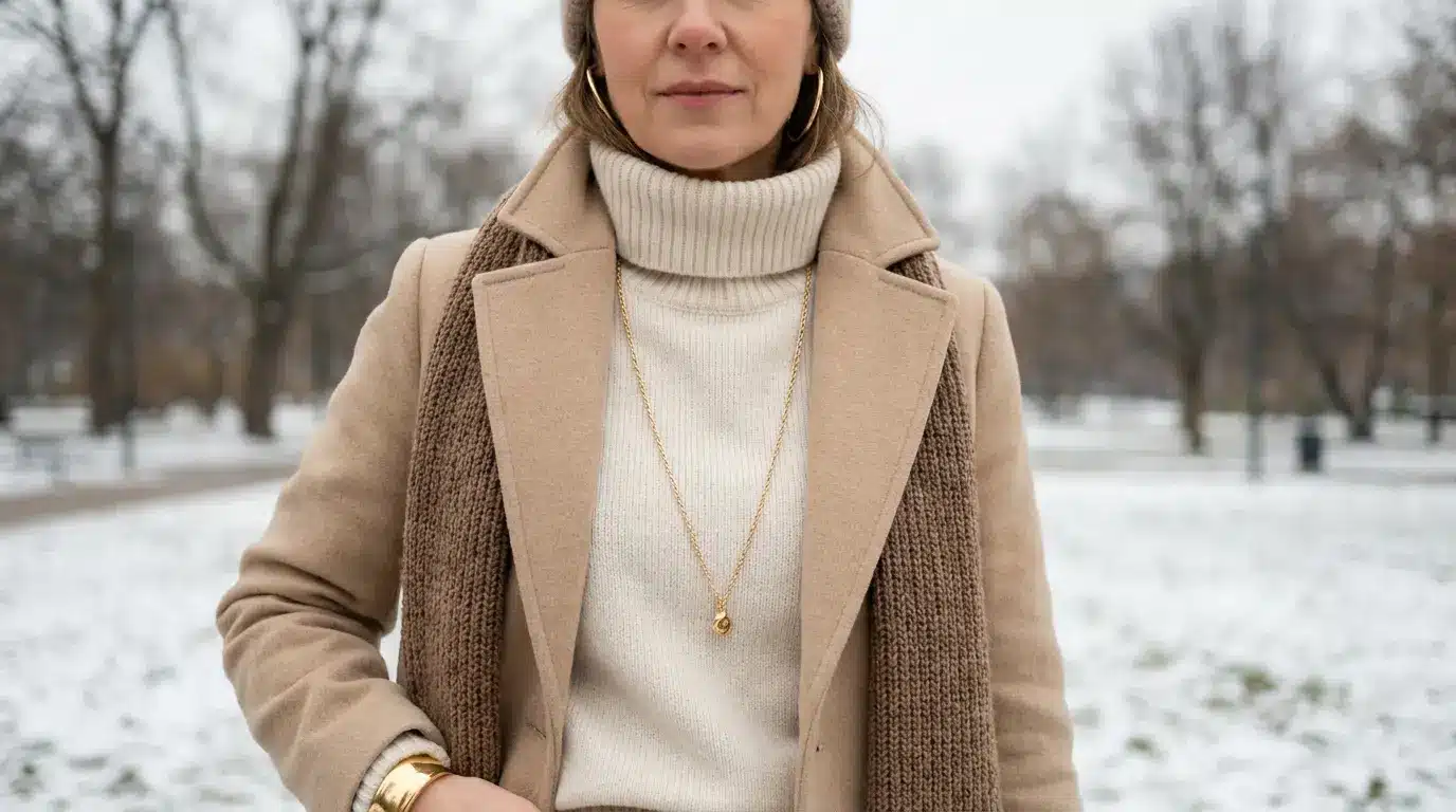 long gold chain hoops and cuff styled with turtleneck coat scarf and knit sleeves
