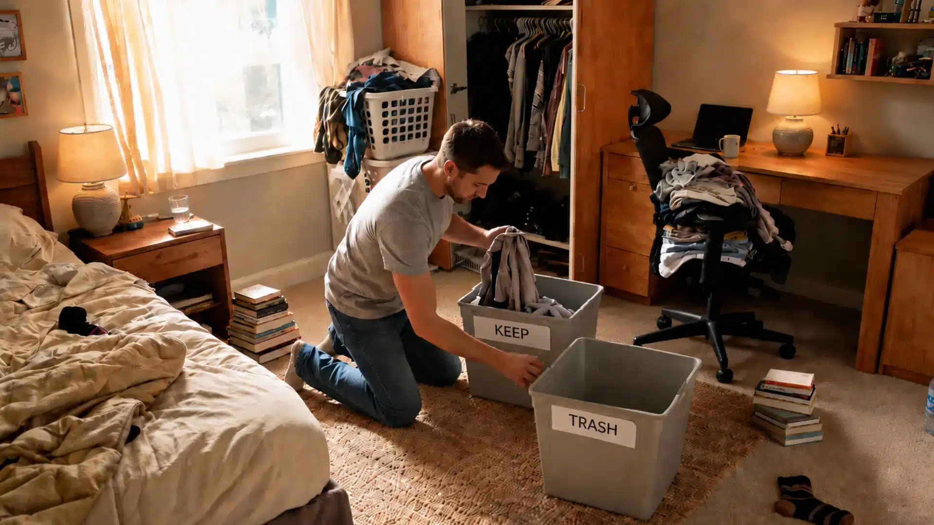 man sorting bedroom items into categories, grouping clothes, books, electronics, and supplies into separate bins (2)