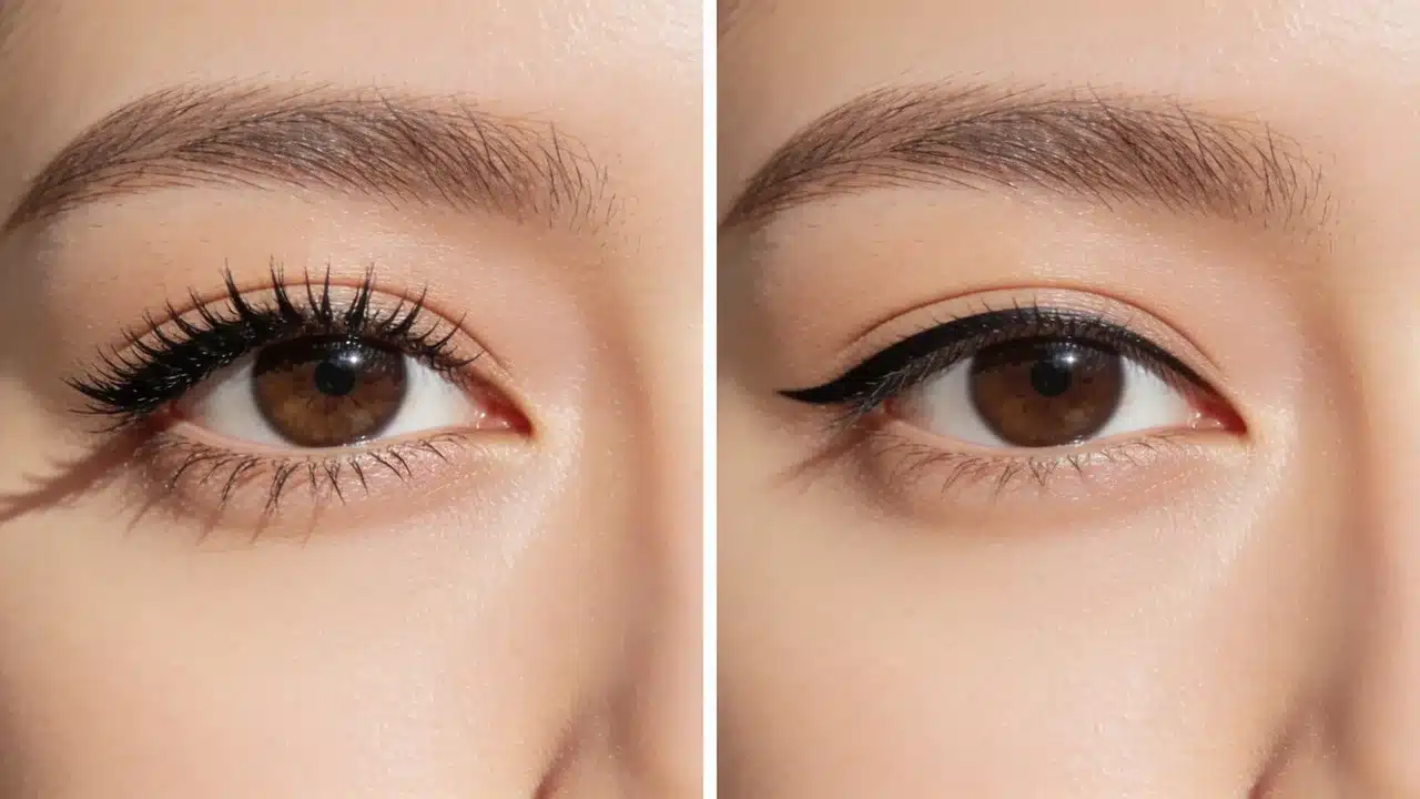 mascara giving lashes lift compared with eyeliner defining the eye shape