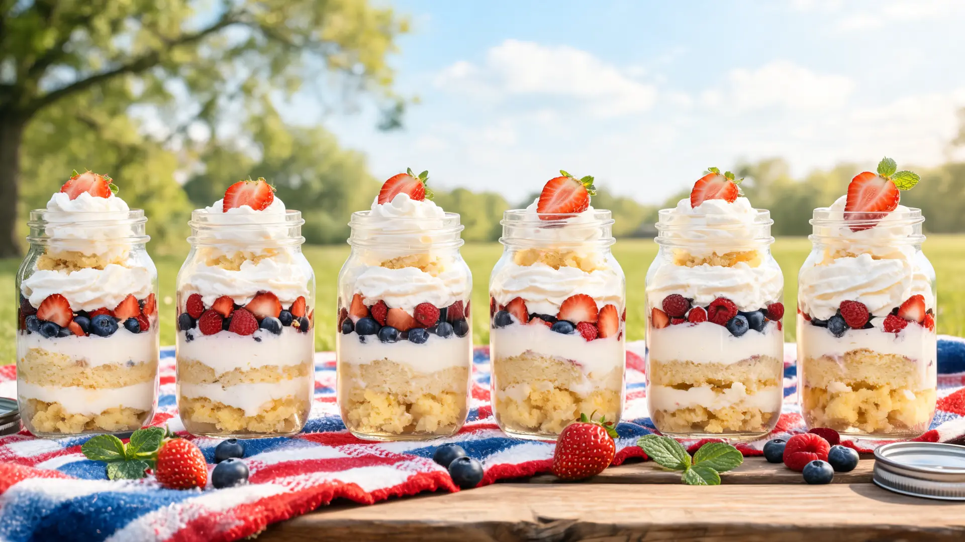 mason jar cake desserts layered with cream cake and berries for picnic serving
