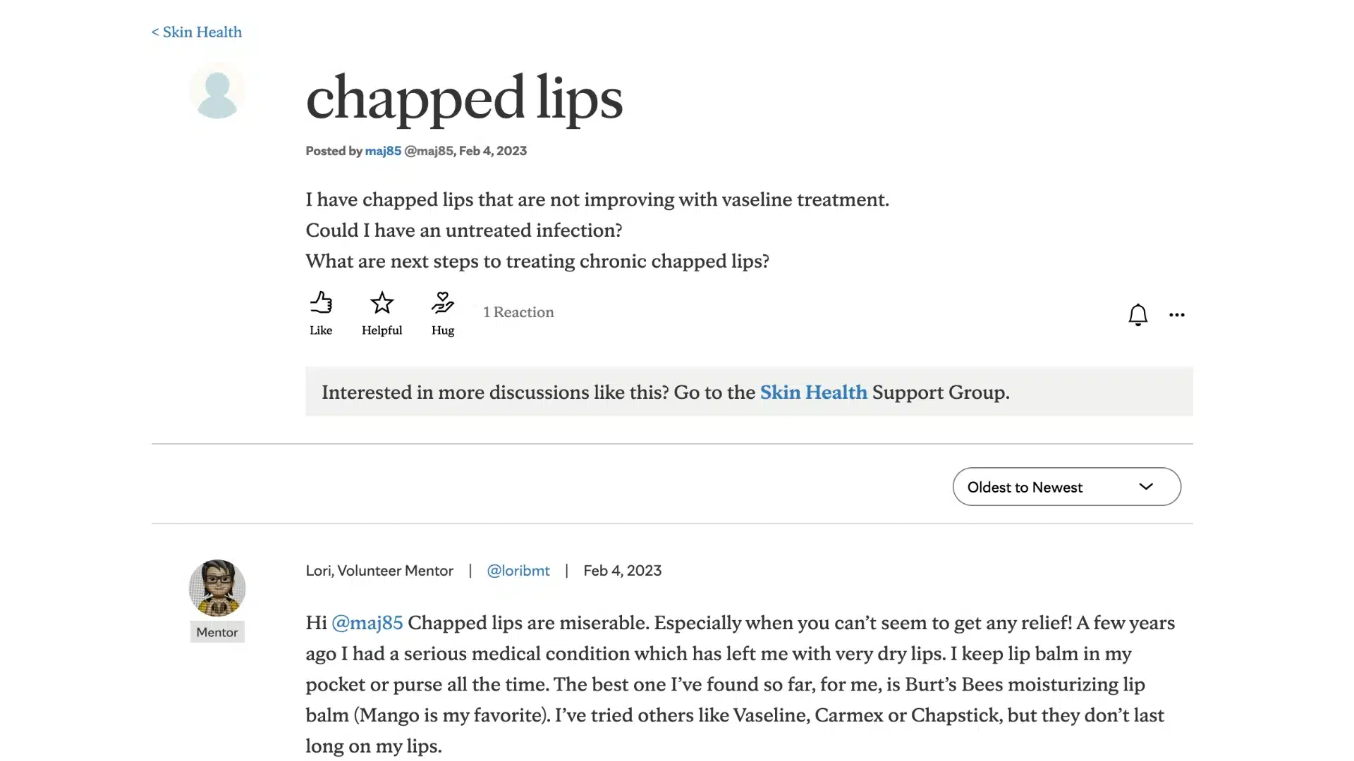 mayo clinic connect thread about chapped lips not improving with vaseline and possible infection concerns