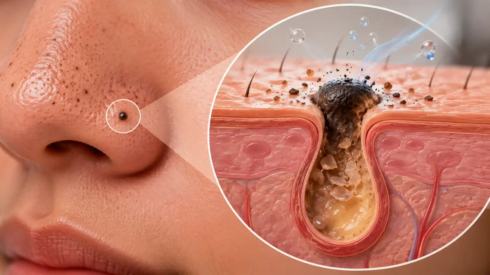 medical illustration showing why are blackheads black through an open pore with oxidized buildup at the skin surface