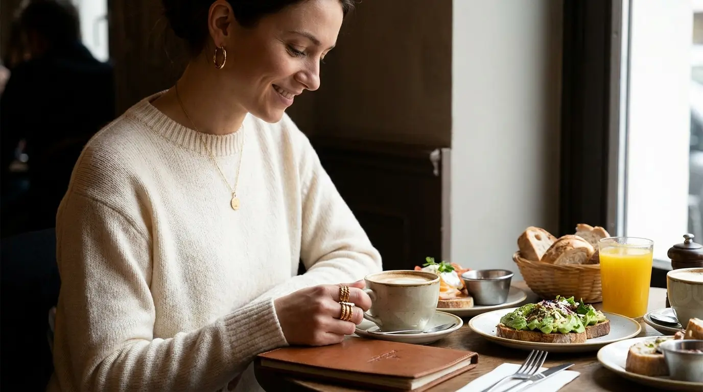 medium gold hoops pendant and stacked rings styled for brunch dinner and date outfits