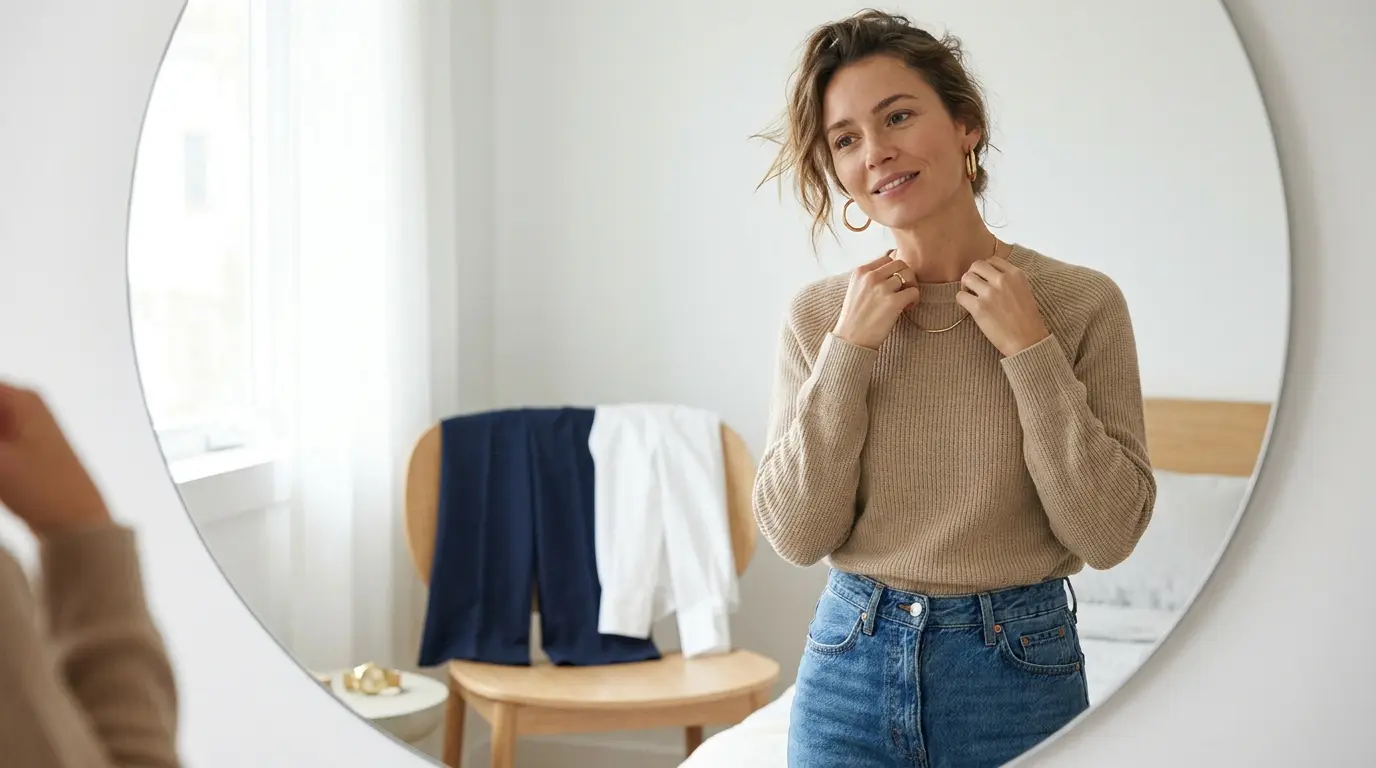 medium gold hoops watch and ring styled with denim jeans and wide leg trousers on a model