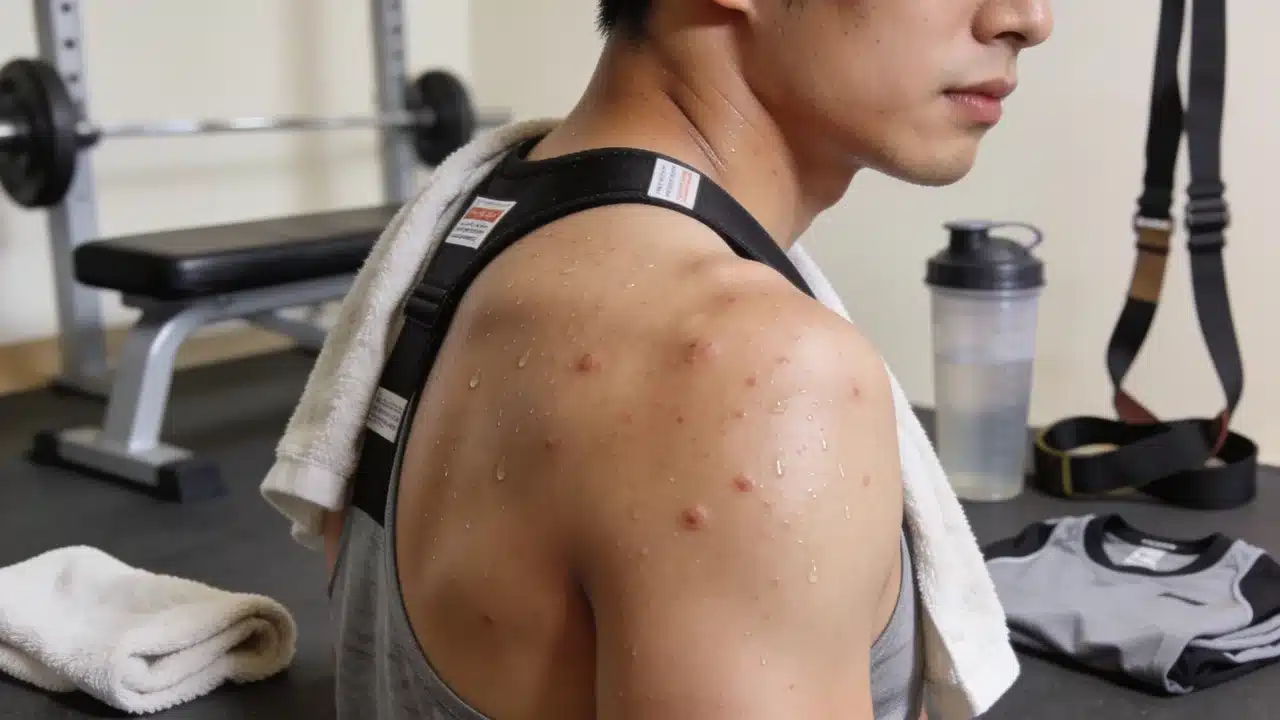 mild shoulder and neck acne after workout showing sweat friction and tight gym gear triggers