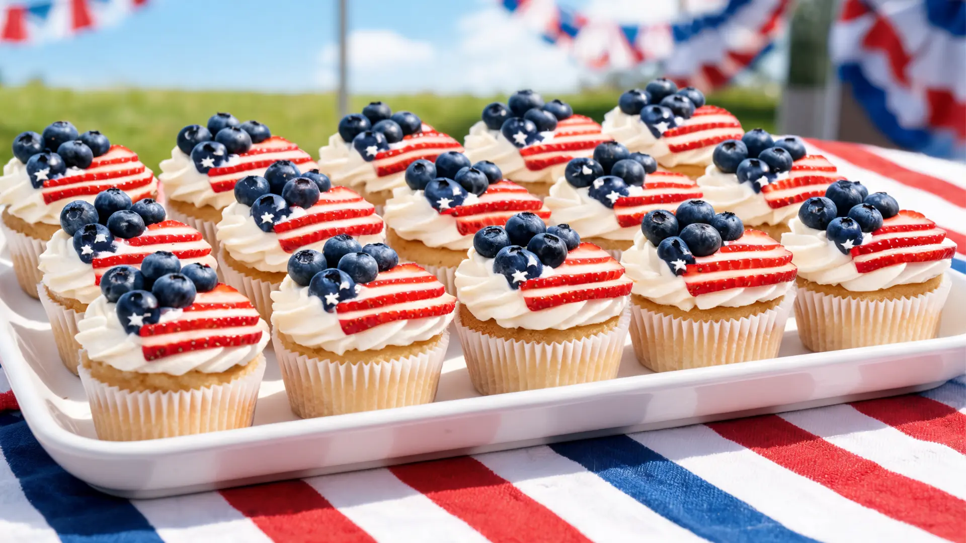 mini flag cupcakes decorated with strawberries blueberries and frosting on tray