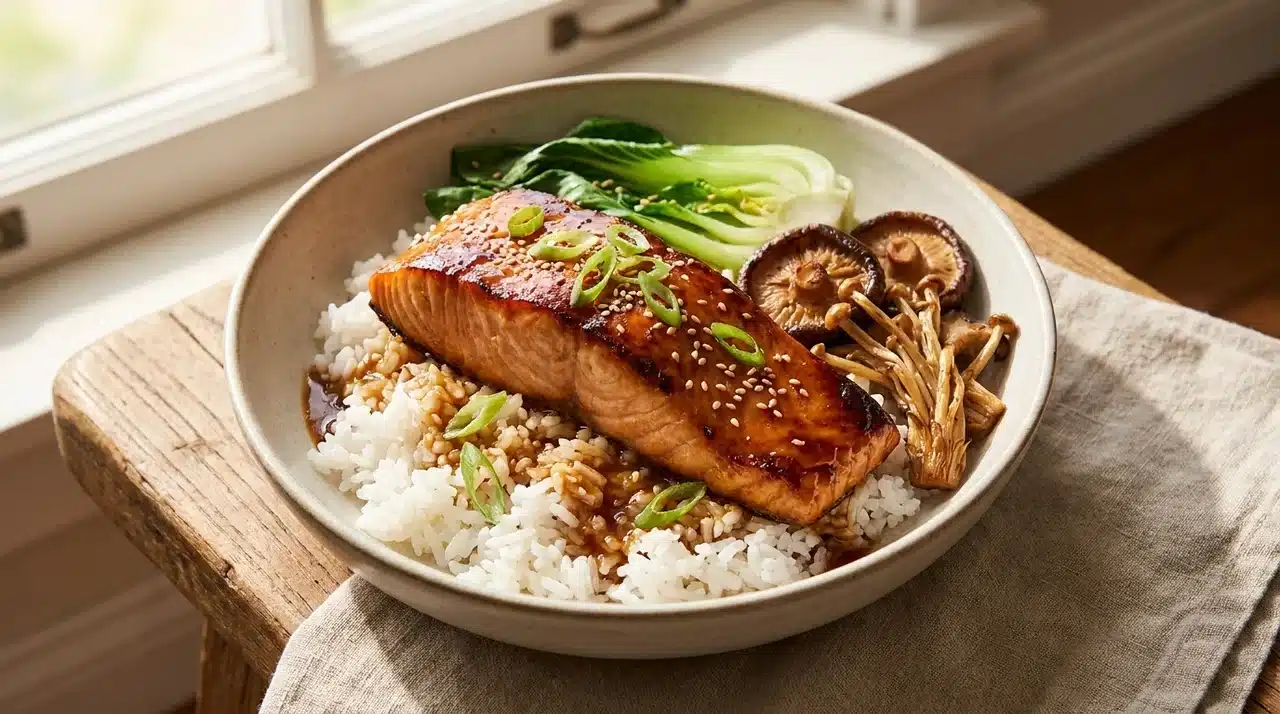 miso glazed salmon rice bowl with bok choy, mushrooms, sesame seeds, and green onions