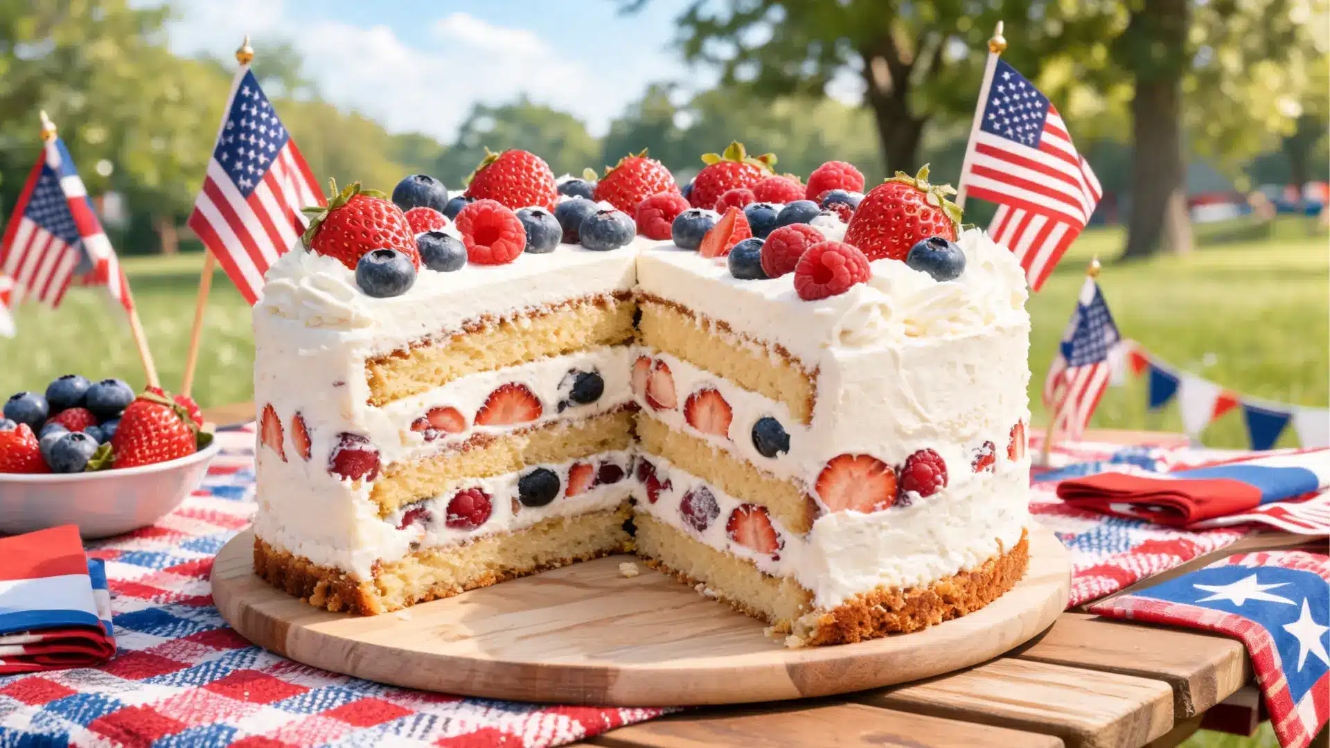 mixed berry layer cake with whipped cream and fresh berries on picnic table