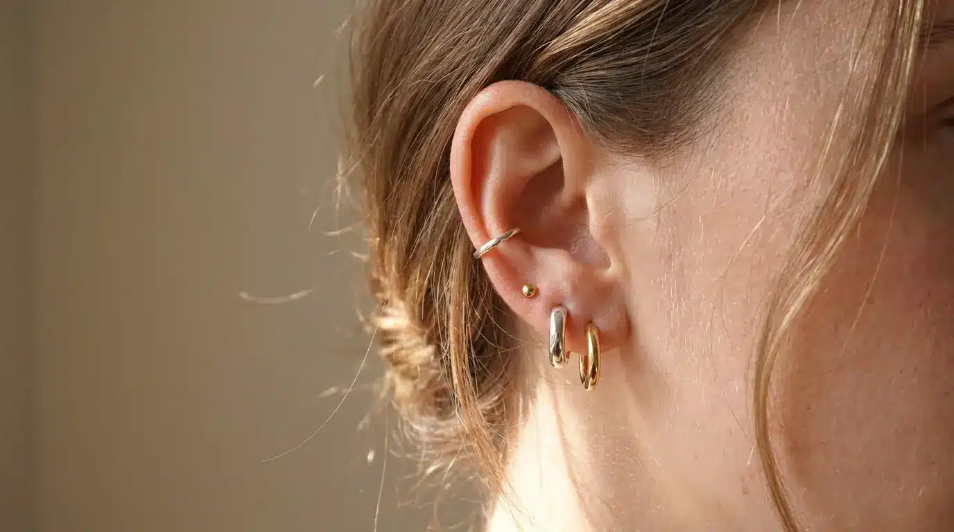 mixed gold and silver ear stack with hoops studs and cuff in warm natural sunlight