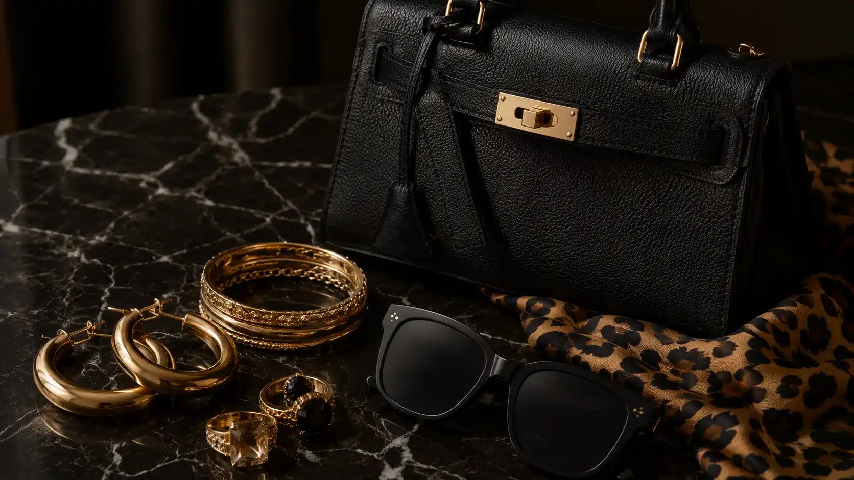 mob wife aesthetic accessories with gold jewelry, sunglasses, and structured leather bag