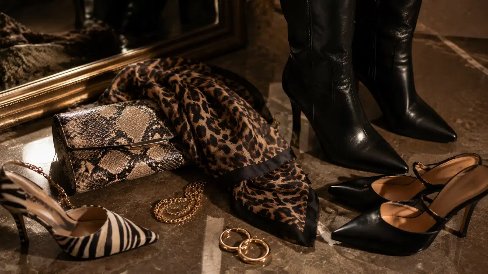 mob wife aesthetic animal print pieces with leopard scarf, heels, and black boots