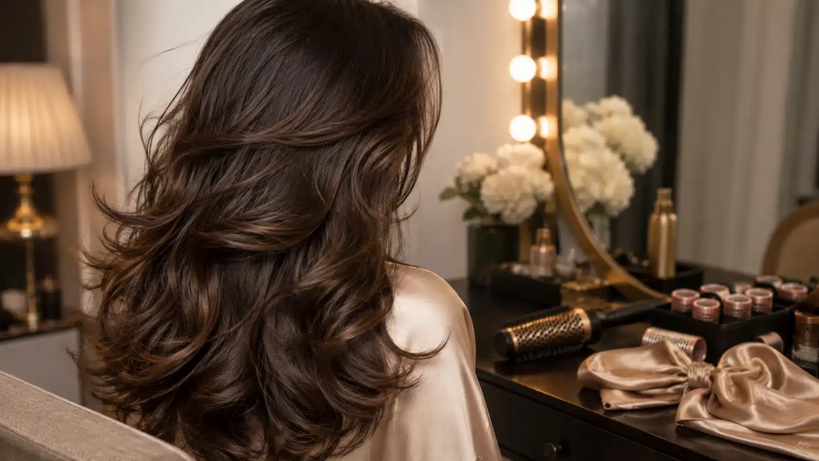 mob wife aesthetic big hair with loose waves, lifted roots, and vintage styling tools