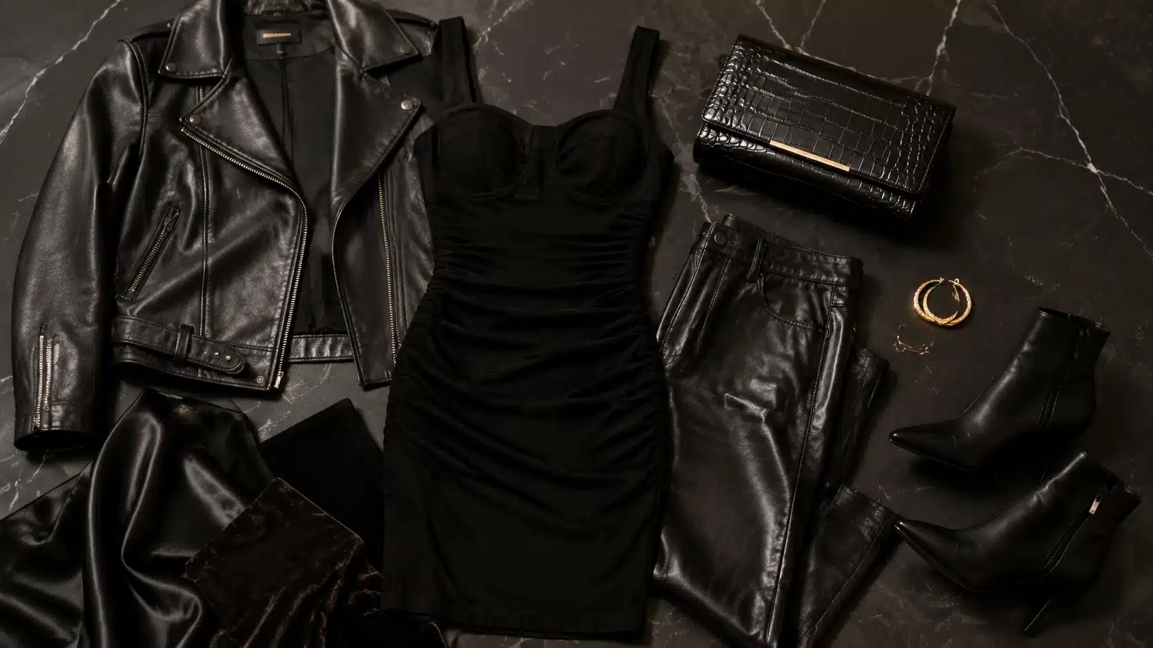 mob wife aesthetic black outfit base with leather jacket, croc bag, and dark textures