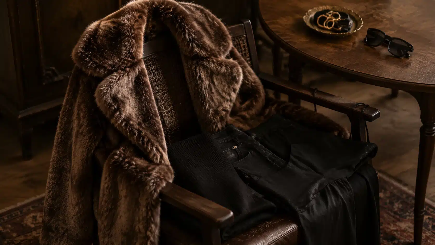 mob wife aesthetic faux fur coat styled with dark outfit pieces and winter accessories