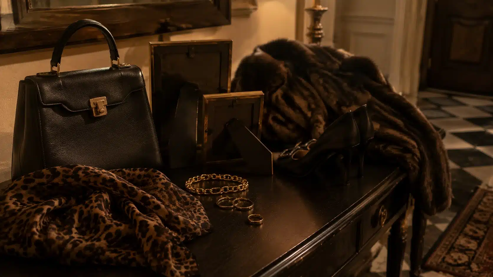 mob wife aesthetic style codes with gold jewelry, animal print, handbag, and fur coat