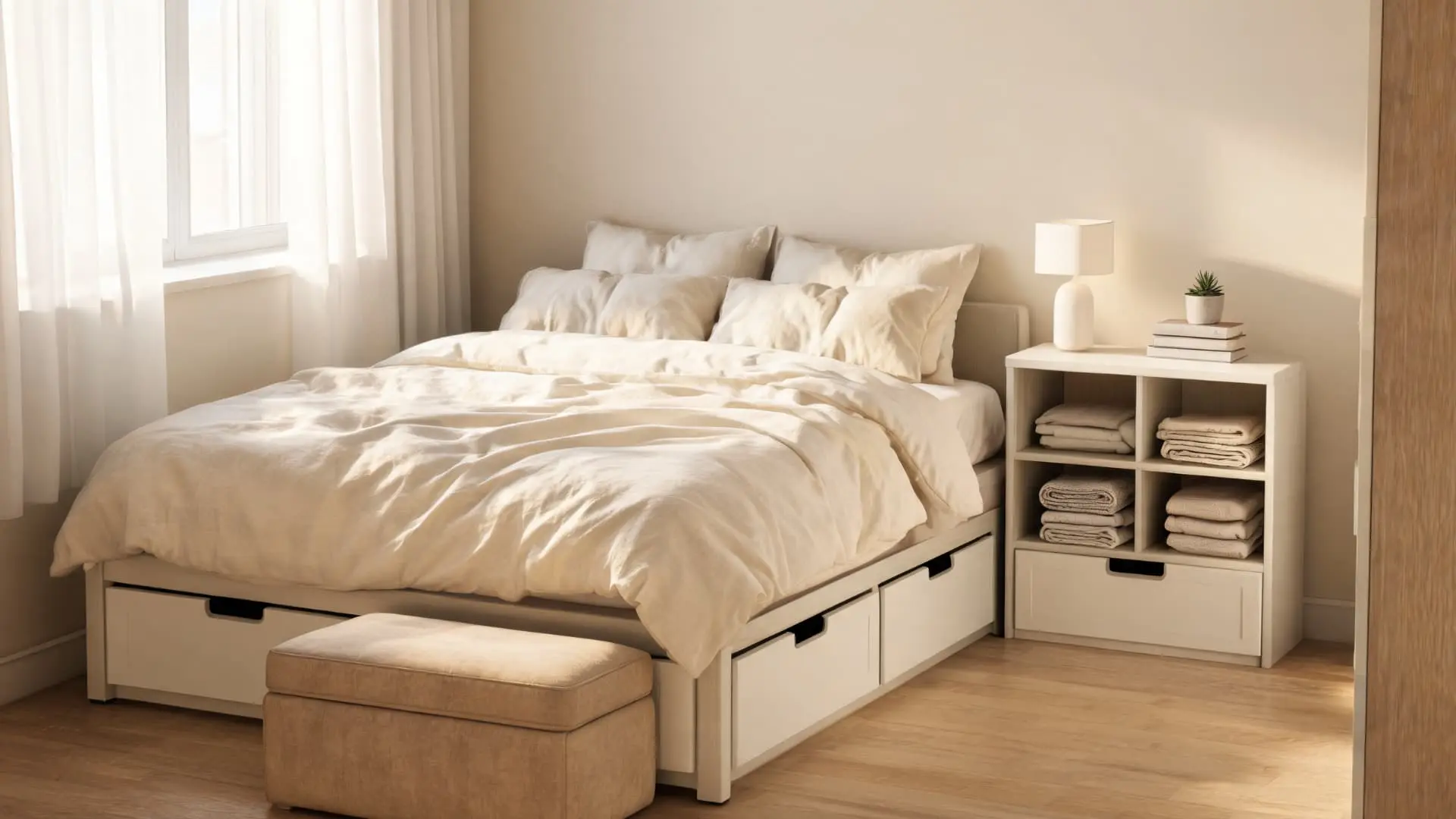 multi functional furniture storage with bed drawers storage ottoman and compact organized bedroom setup in a modern style