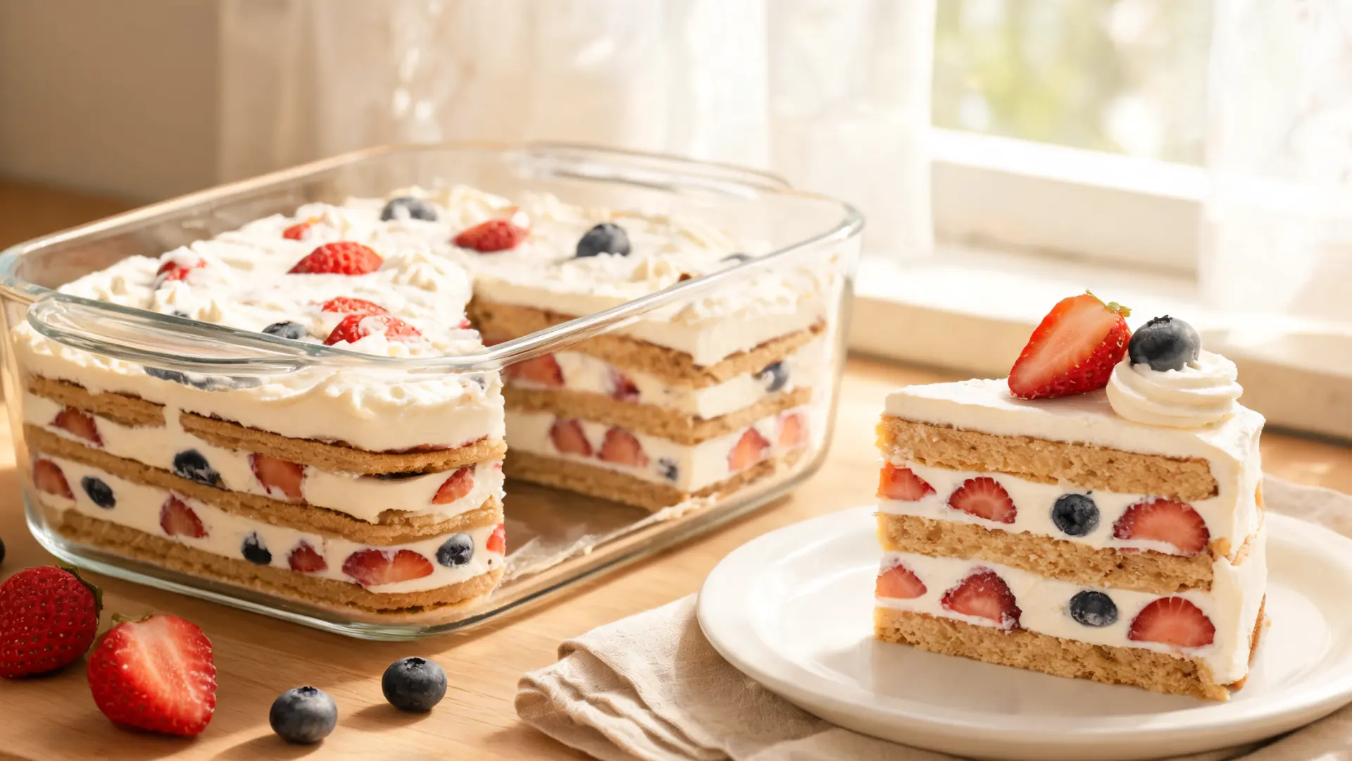 no bake icebox cake with graham crackers whipped cream and berries layered in dish