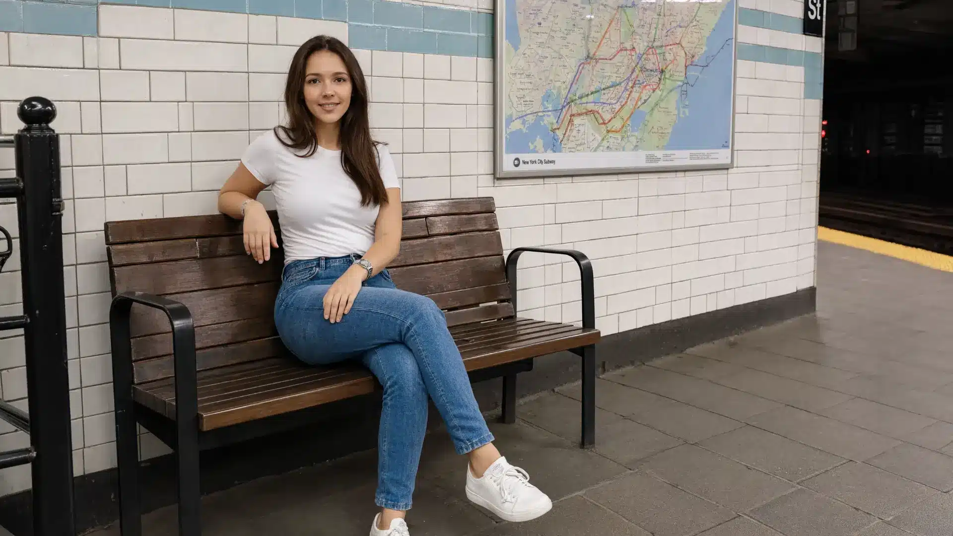 normcore fashion photo with plain tee, jeans, sneakers, and simple subway street lifestyle setting