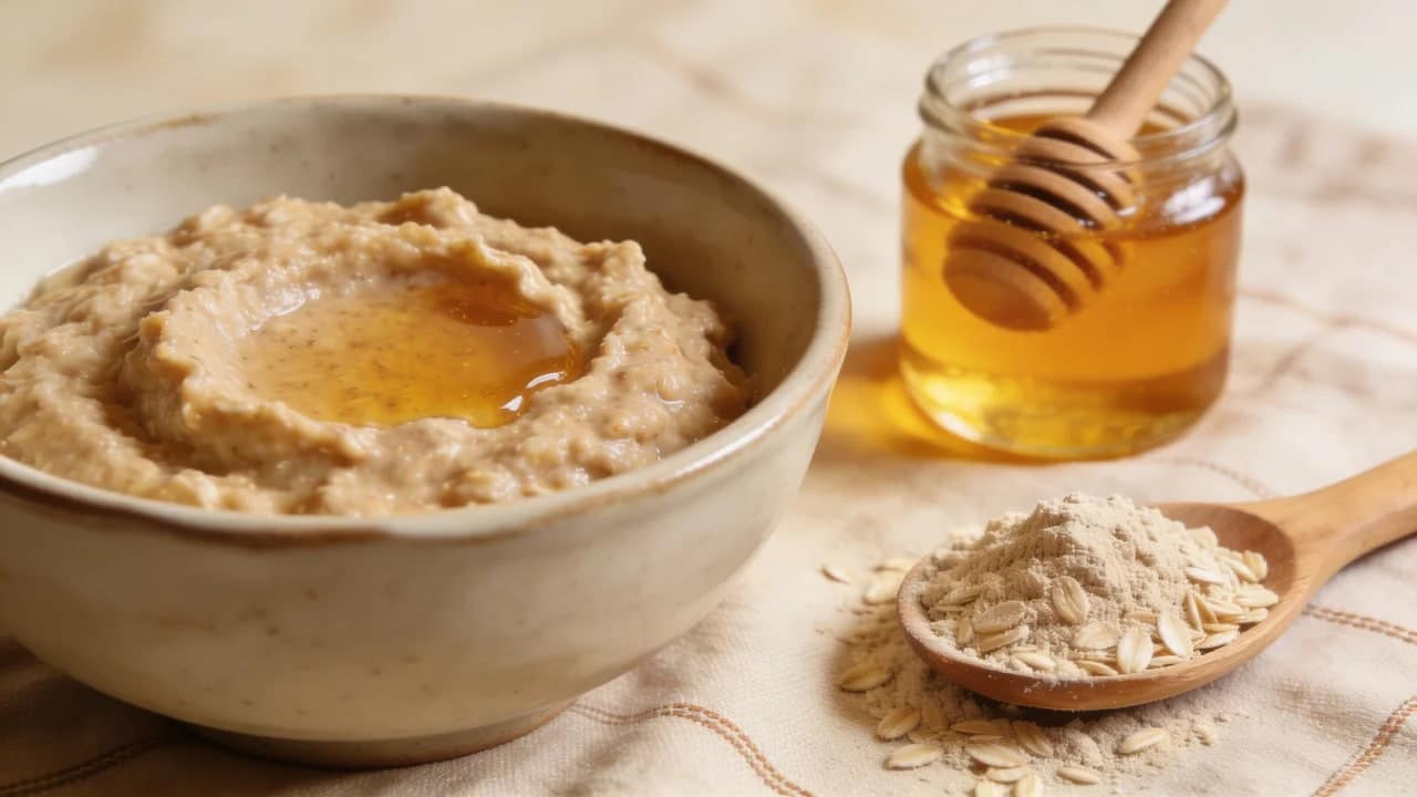 finely ground oatmeal in a wooden bowl with oat stalks, linen cloth, and soft light on stone