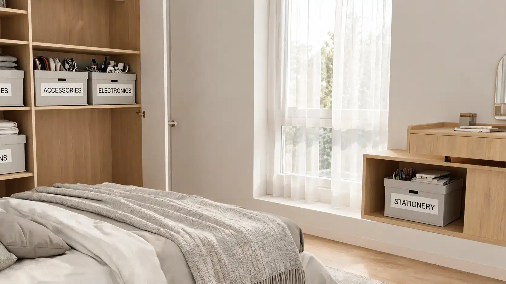 organized bedroom with wooden shelves, labeled storage boxes, soft bedding and sheer curtains filtering sunlight