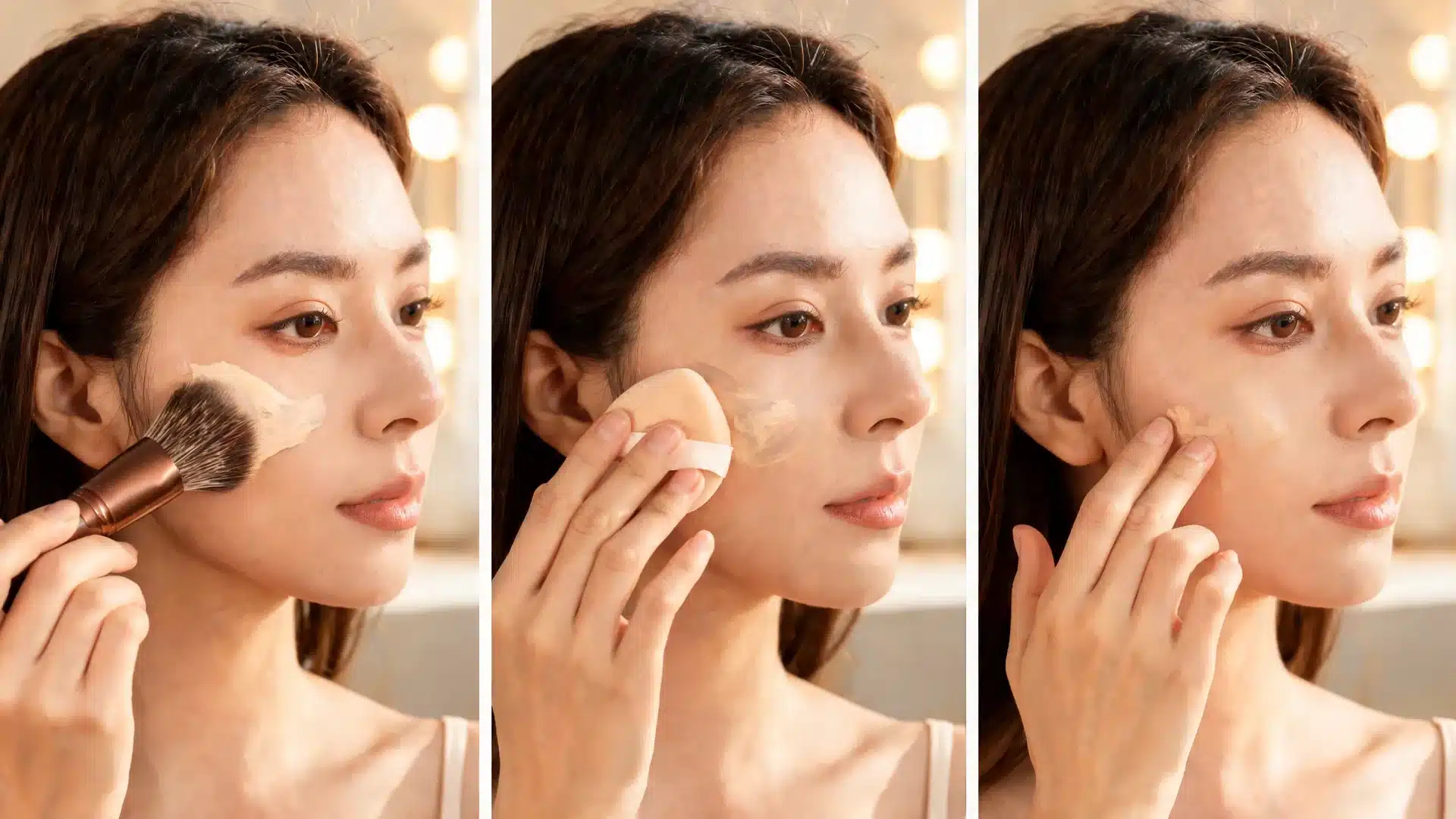 oundation brush vs sponge and fingers applying thin foundation layers with three clear methods