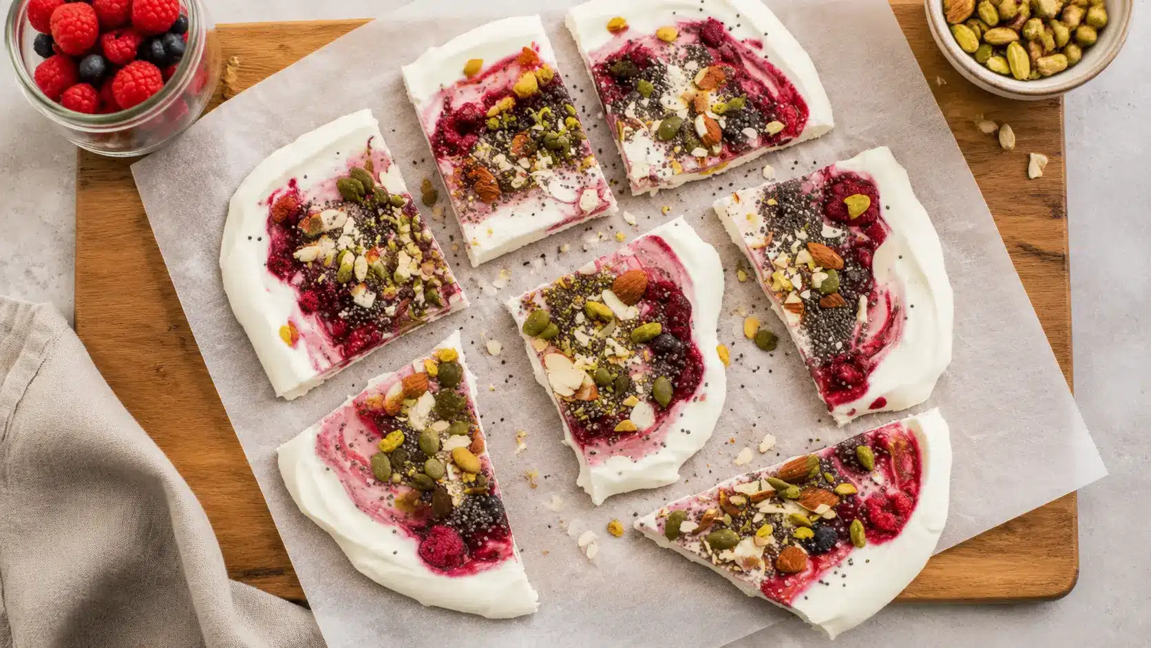 Overhead view of sliced yogurt bark topped with berries and nuts on parchment paper, placed on a wooden board