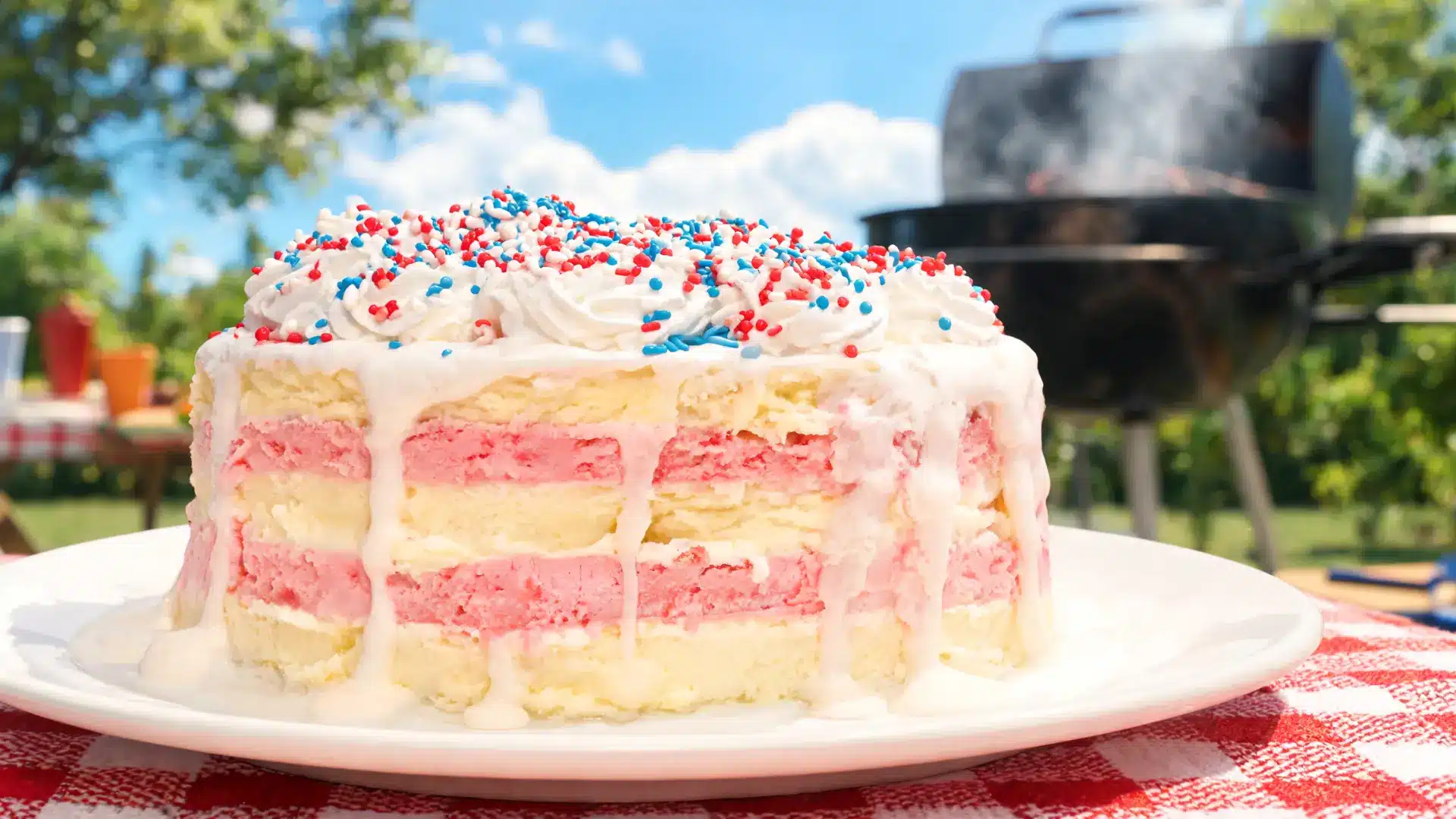 patriotic ice cream cake with layered ice cream and sprinkles on top