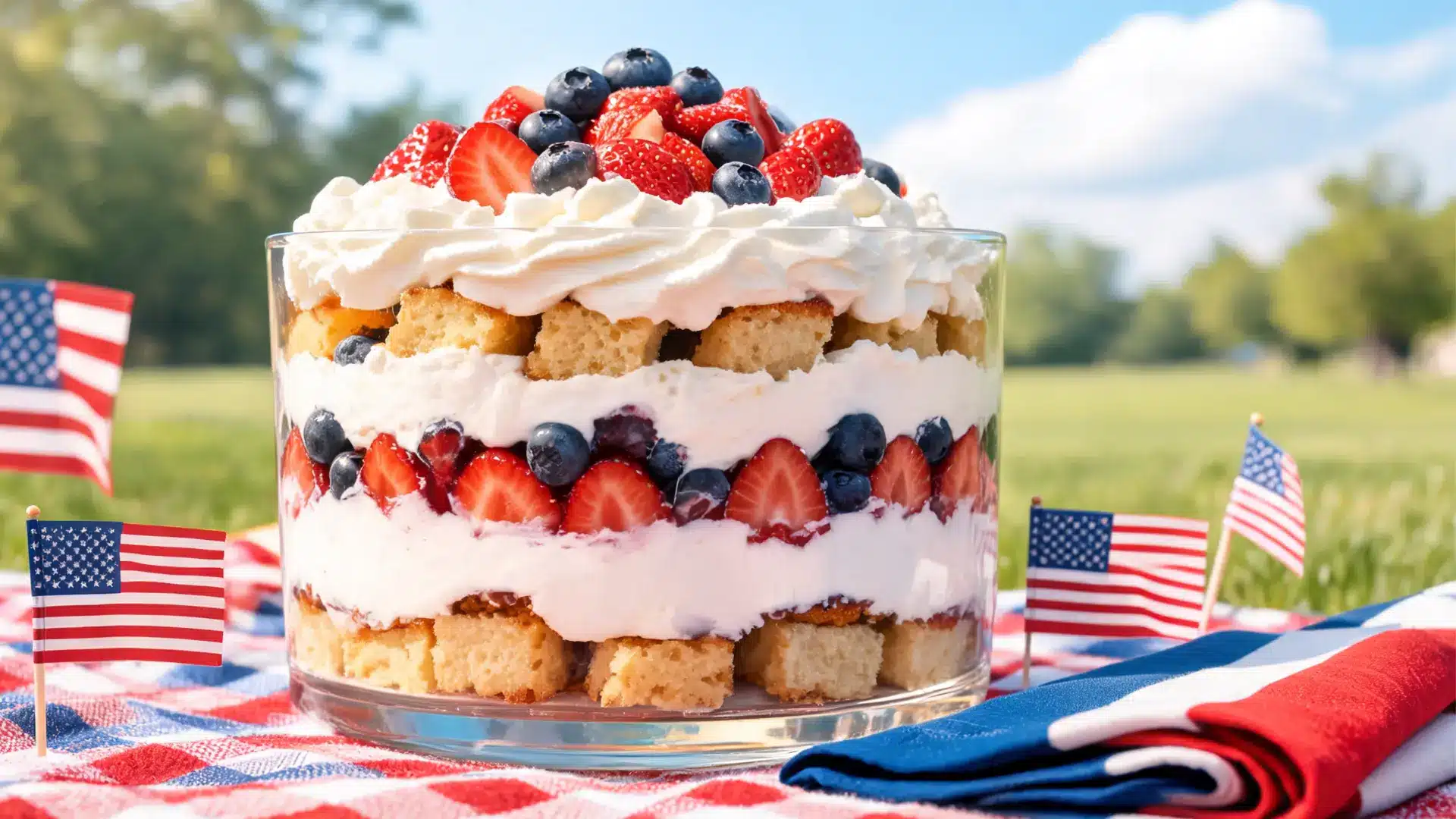 patriotic trifle cake in glass bowl with layers of cake cream and berries on picnic table